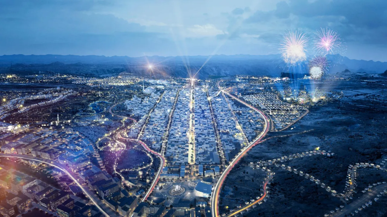 Illustrative night view of Salwan City in Saudi Arabia