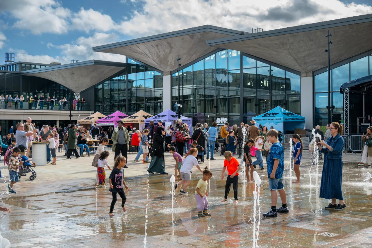 Close up view of the water feature at queensgate square in our cultural heart, huddersfield