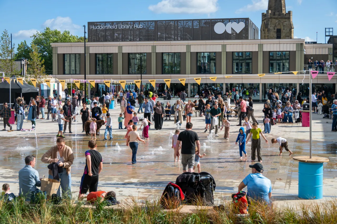 Close up view of the water feature at queensgate square in our cultural heart, huddersfield