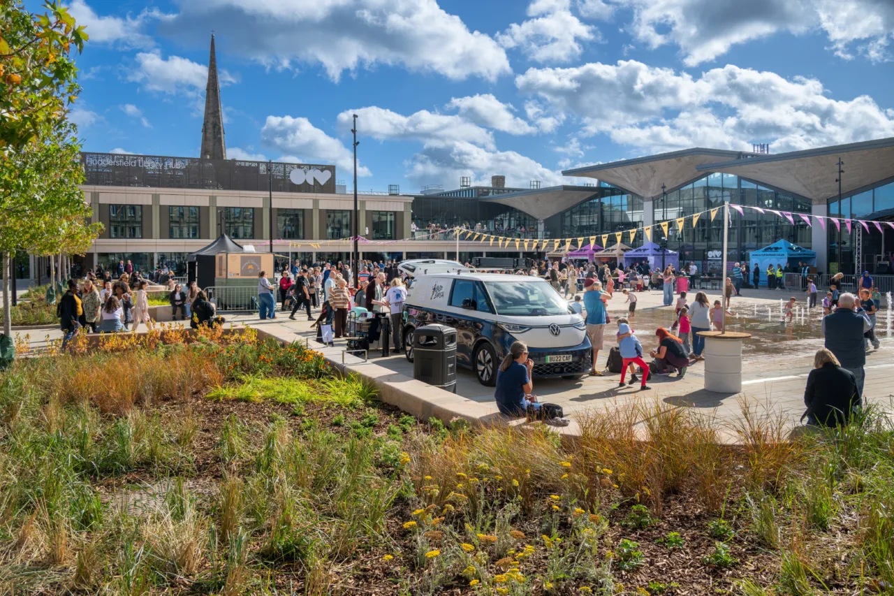 Broad view of queensgate square in our cultural heart, huddersfield