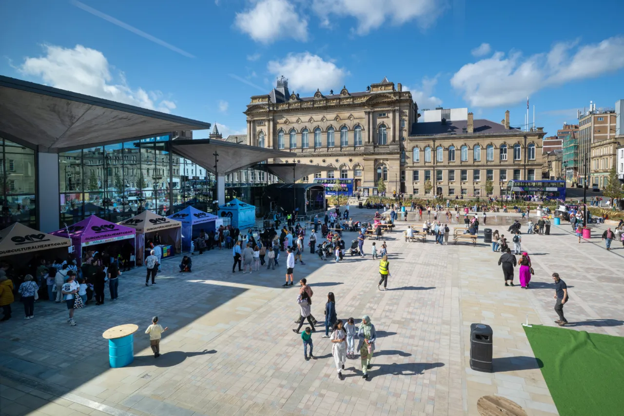 Broad view of queensgate square in our cultural heart, huddersfield