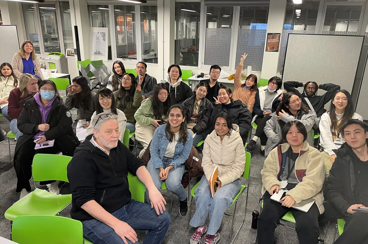 Jim Gilbson with students at Manchester Metropolitan University