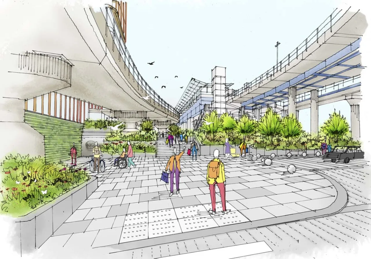 Proposed coloured sketch of the public realm at North Quay in Canary Wharf