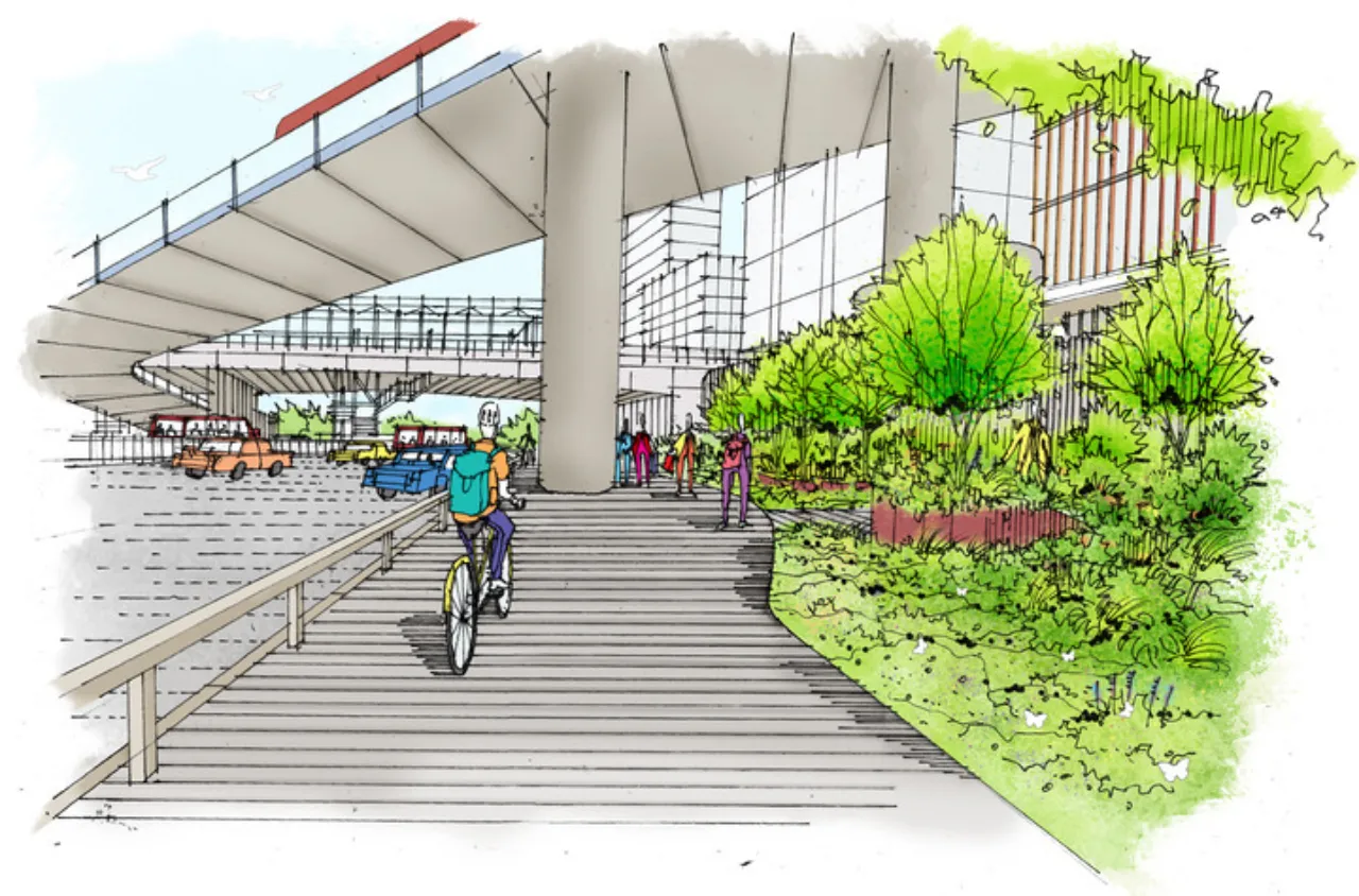 Proposed coloured sketch of the public realm at North Quay in Canary Wharf