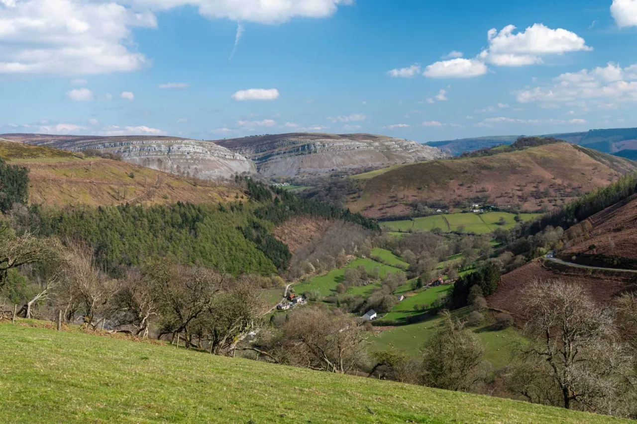 View of the Horseshoe Pass, a mountain pass in Denbighshire, north-east Wales