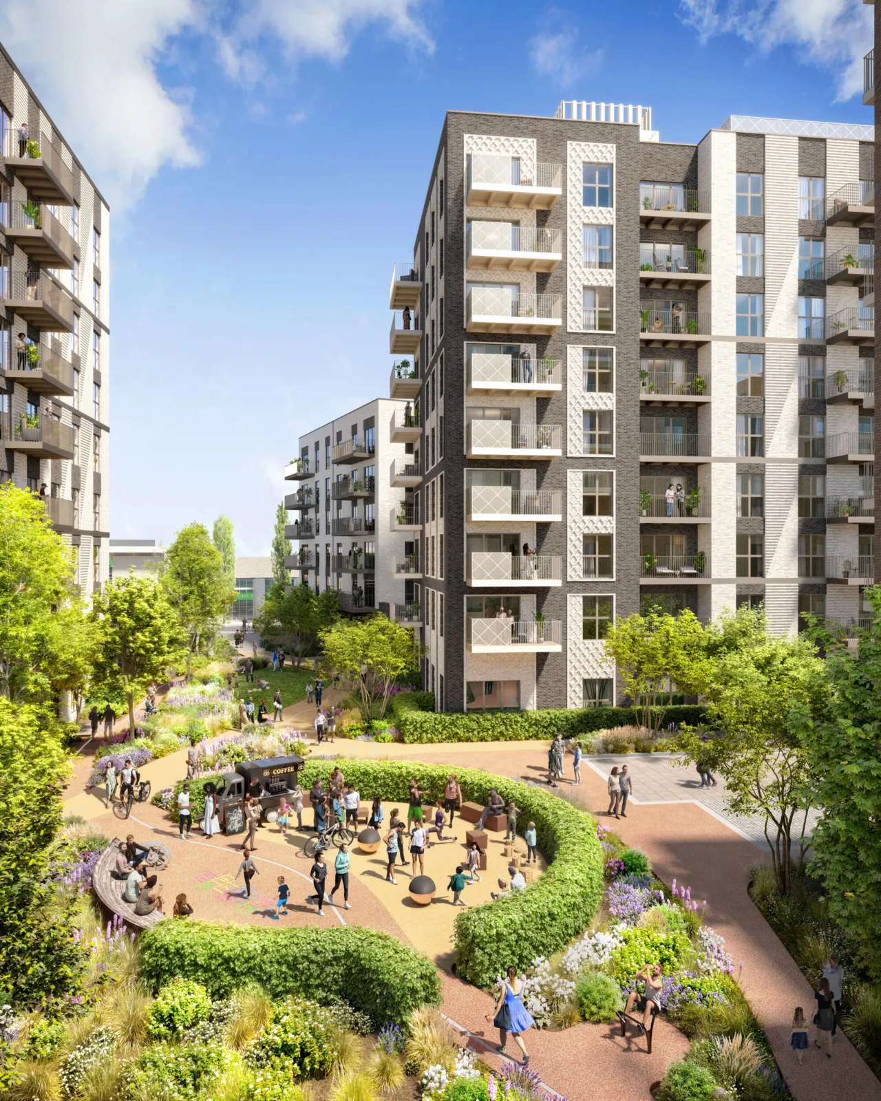 View of the proposed public realm at Mitcham Gasworks, designed by Gillespies