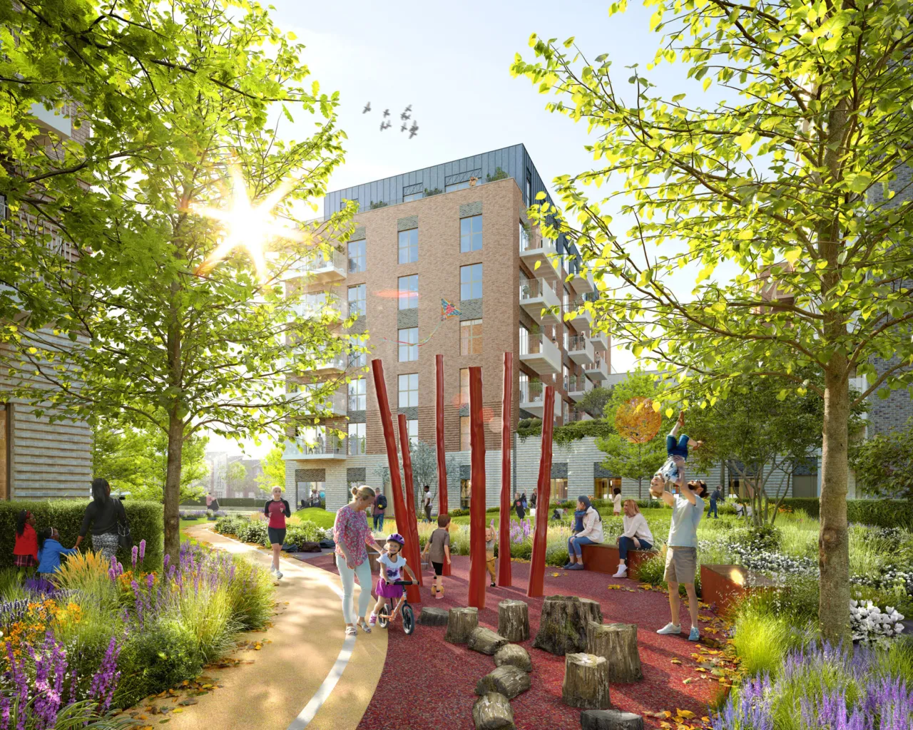 View of the play area at the proposed Mitcham Gasworks, designed by Gillespies