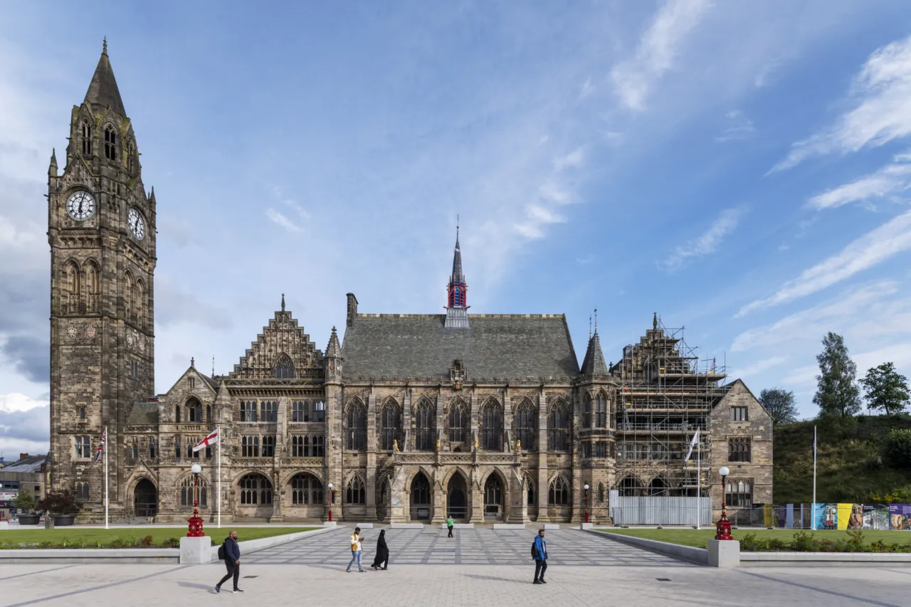 Front elevation view of Rochdale Town Hall, with public realm by Gillespies