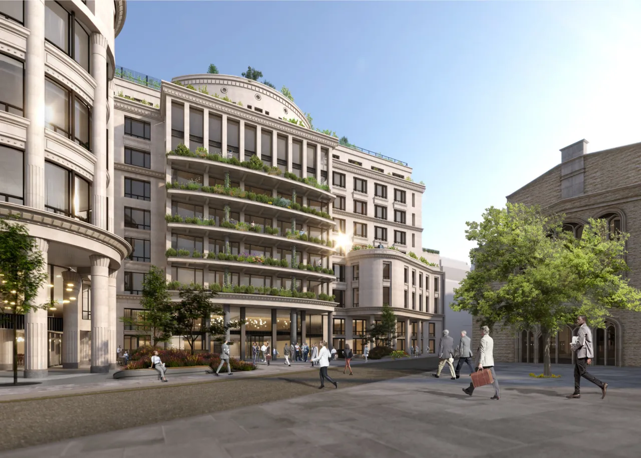 Woolgate Exchange London with modern landscape architecture, green terraces, urban planting, and sustainable streetscape design features.