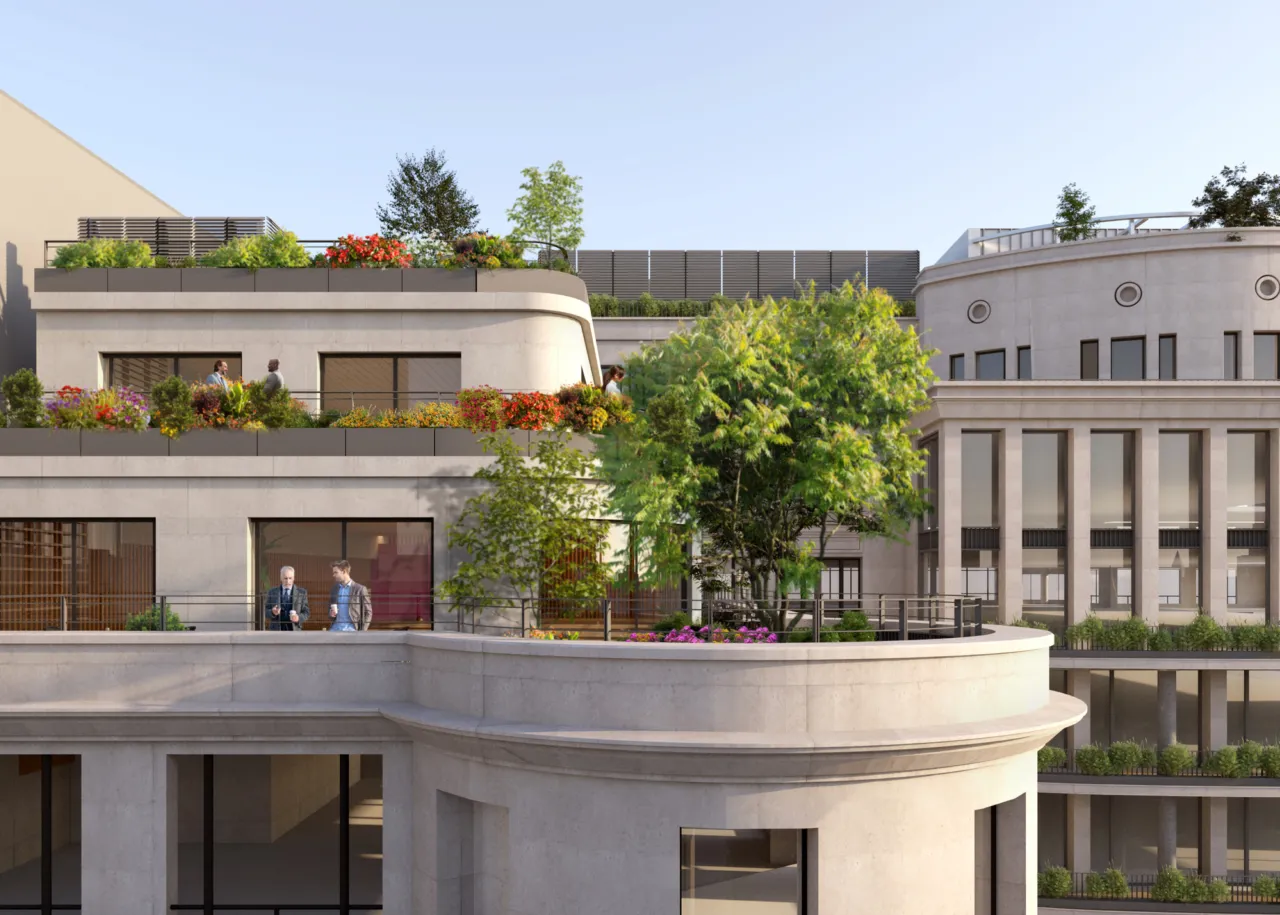 Woolgate Exchange London with modern landscape architecture, green terraces, urban planting, and sustainable streetscape design features.