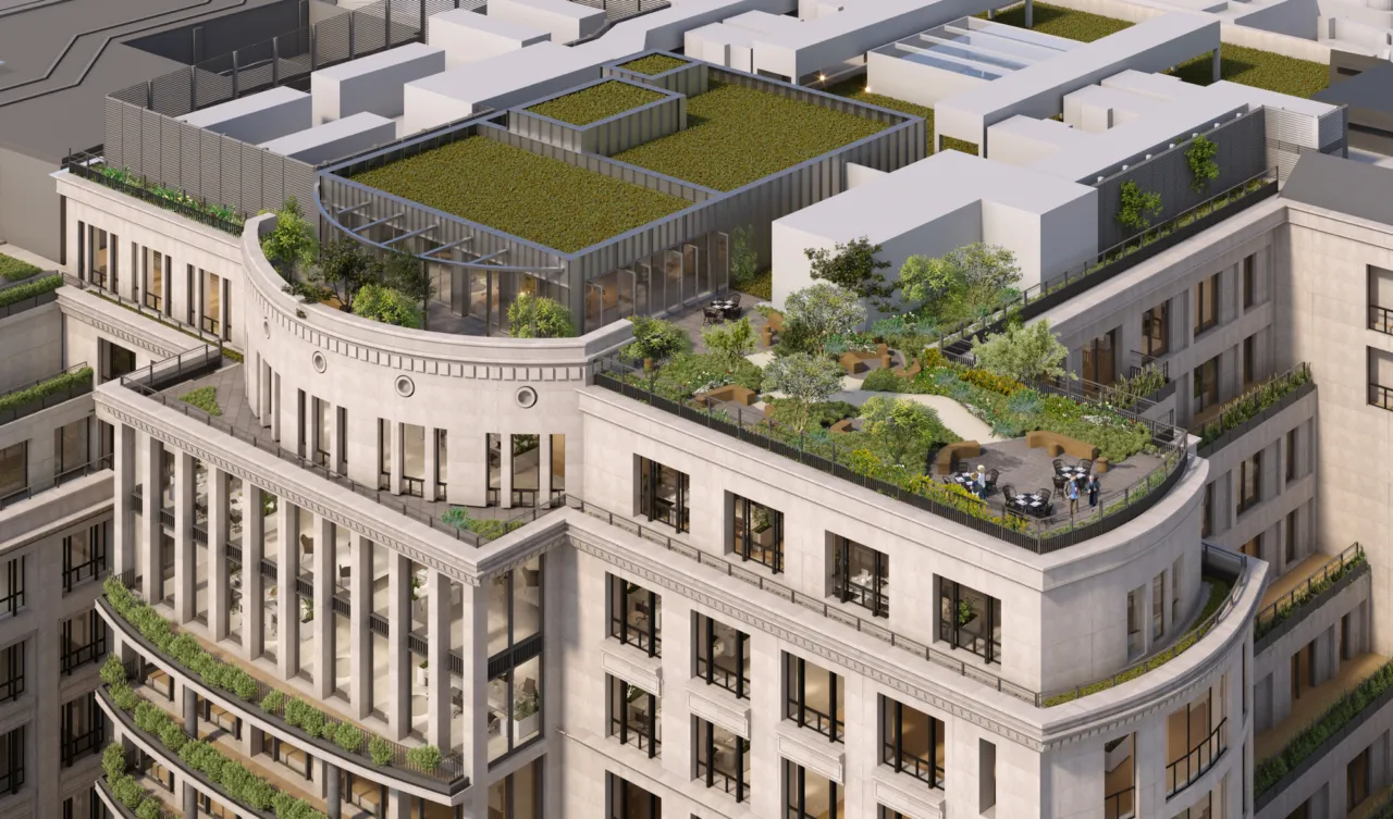 Woolgate Exchange London with modern landscape architecture, green terraces, urban planting, and sustainable streetscape design features.