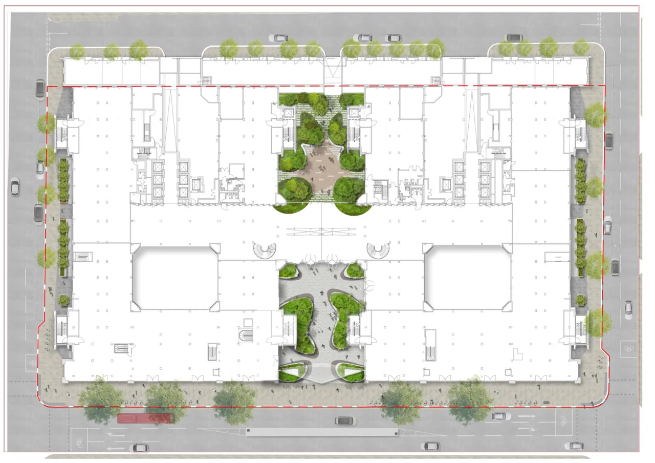 Ground floor plan of 55 Baker Street showing planted atrium and courtyard space