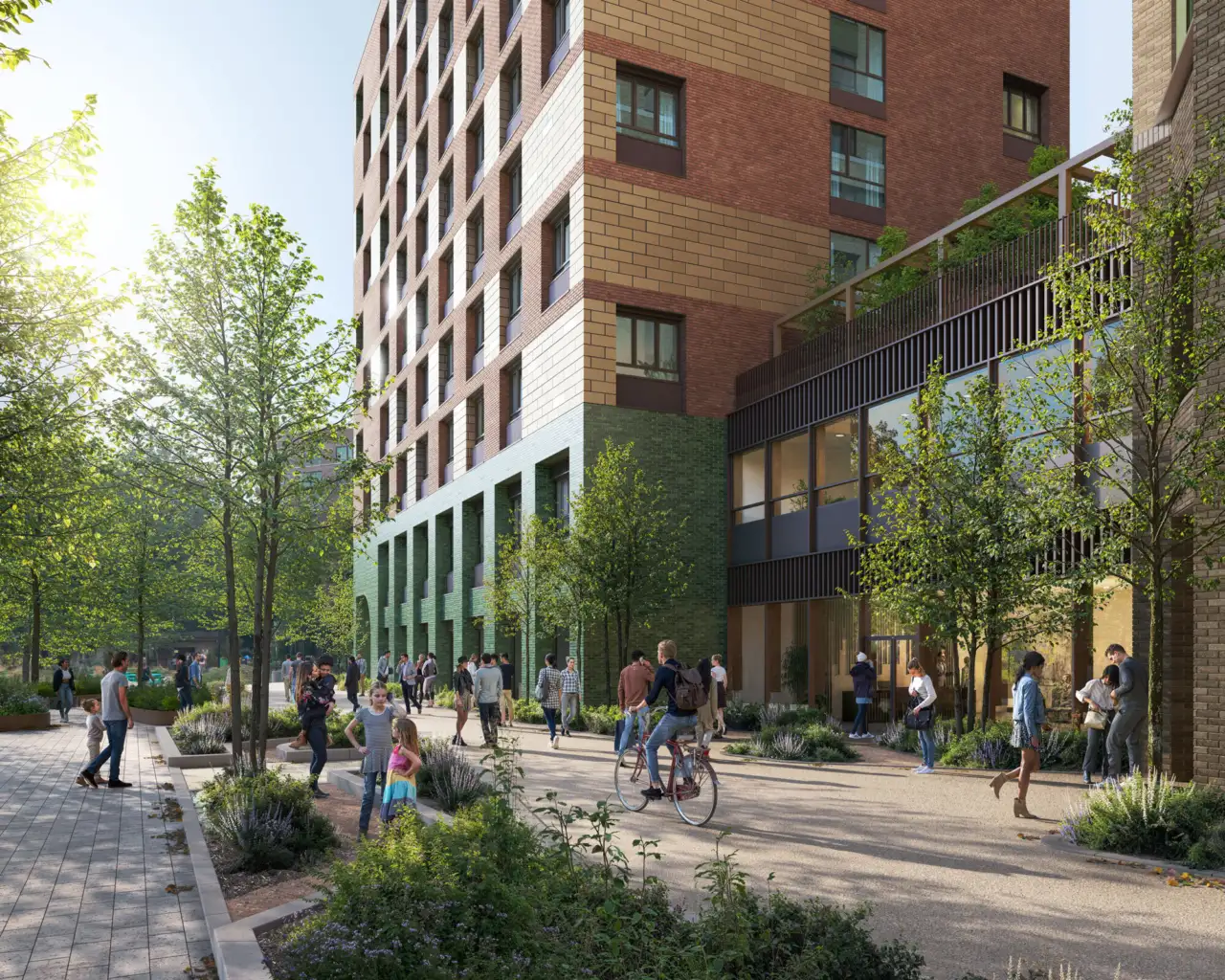 View of the green streetscapes at Elephant Park Plot H1