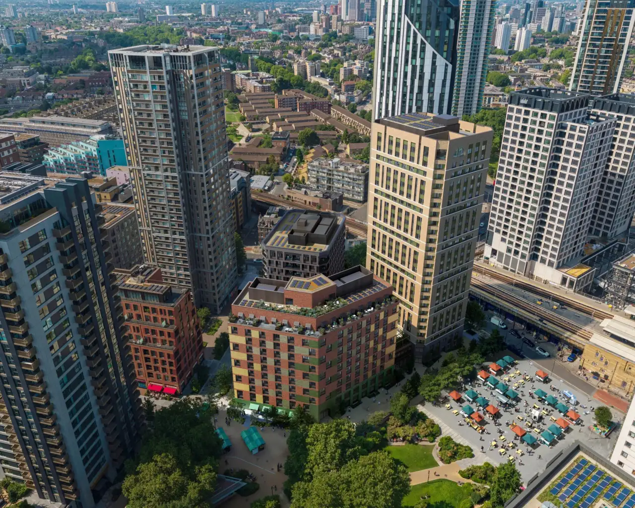 Aerial view of plot H1 at Elephant Park, London's greenest neighbourhood