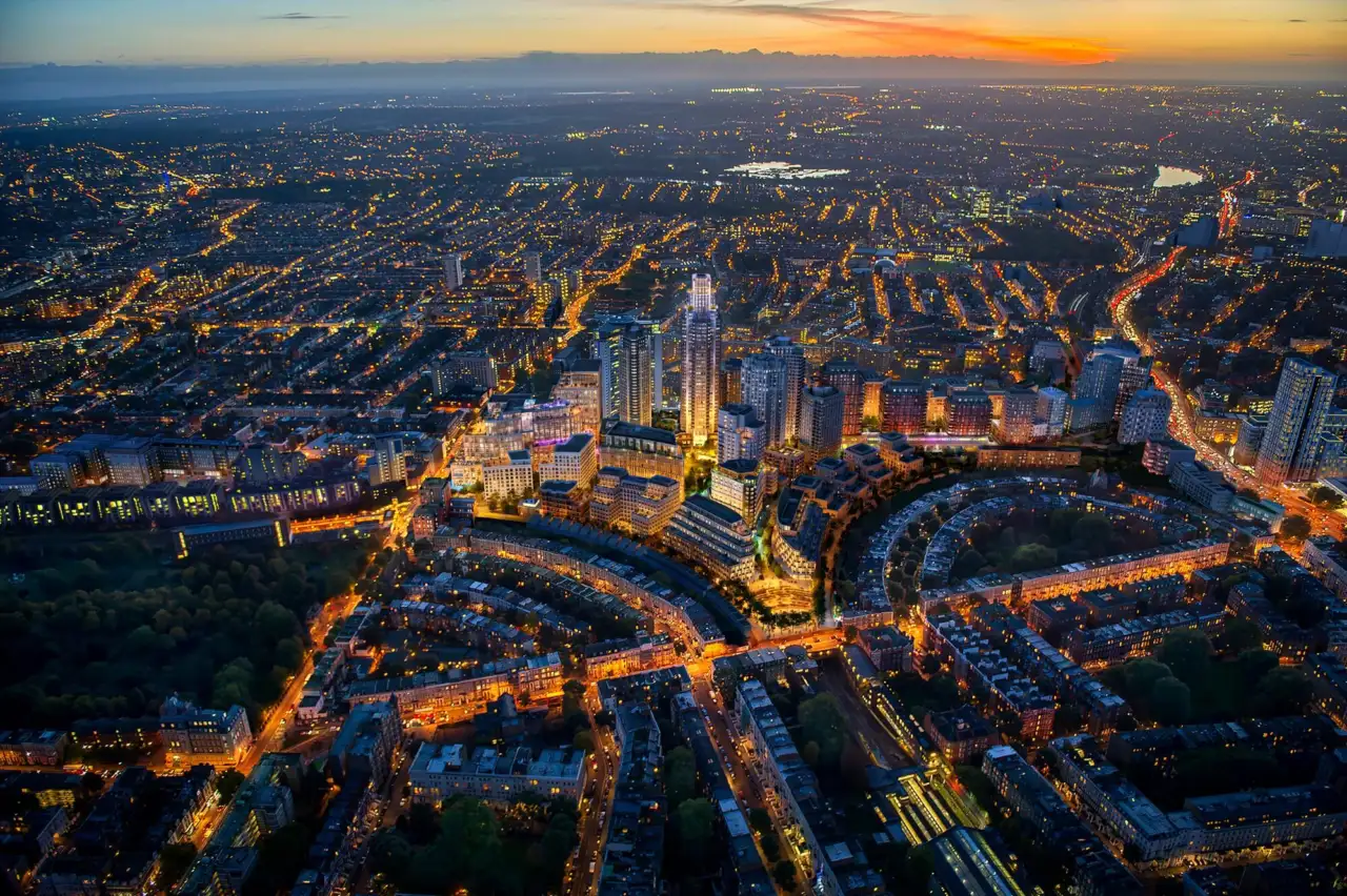 Illustrative aerial view of Earls Court at dusk