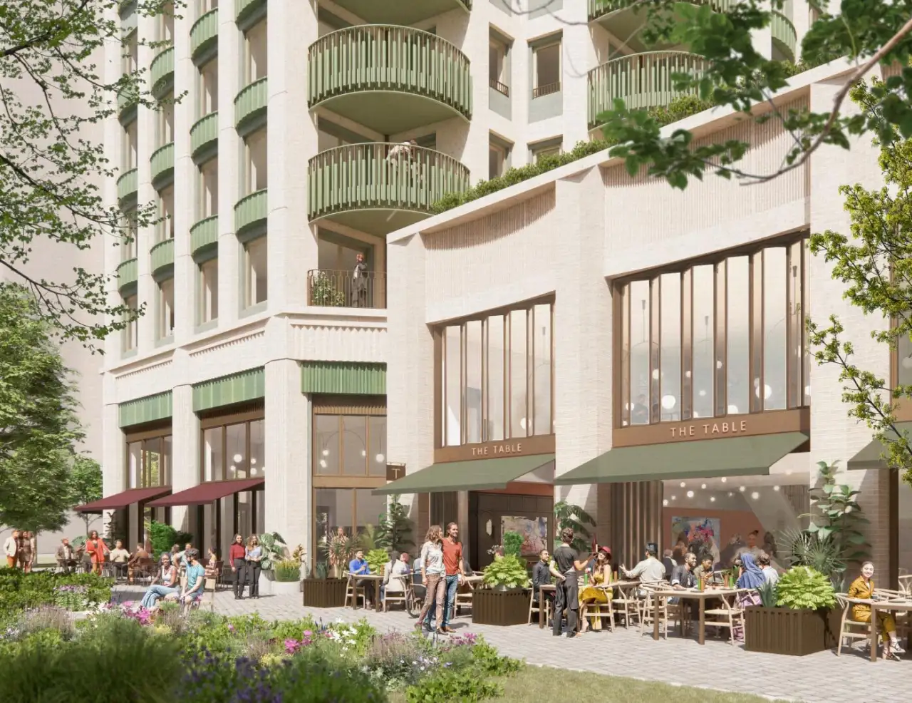 Proposed view of the public realm and courtyards at plot ECO5 of Earls Court