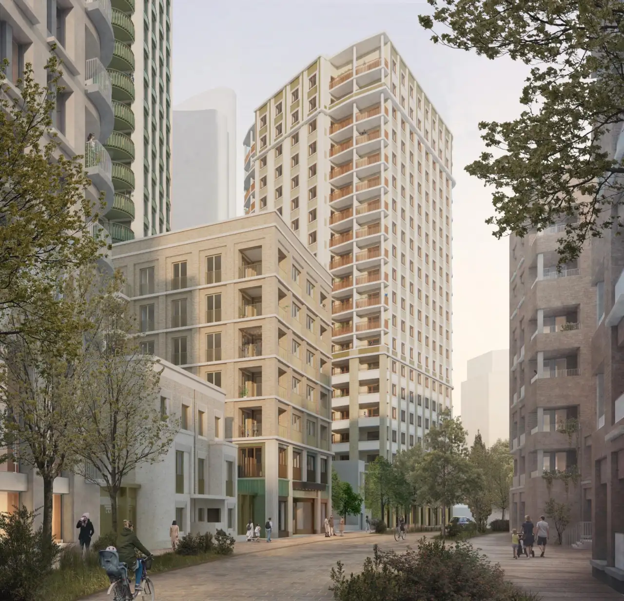 Proposed view of the public realm at Warwick Crescent looking north west