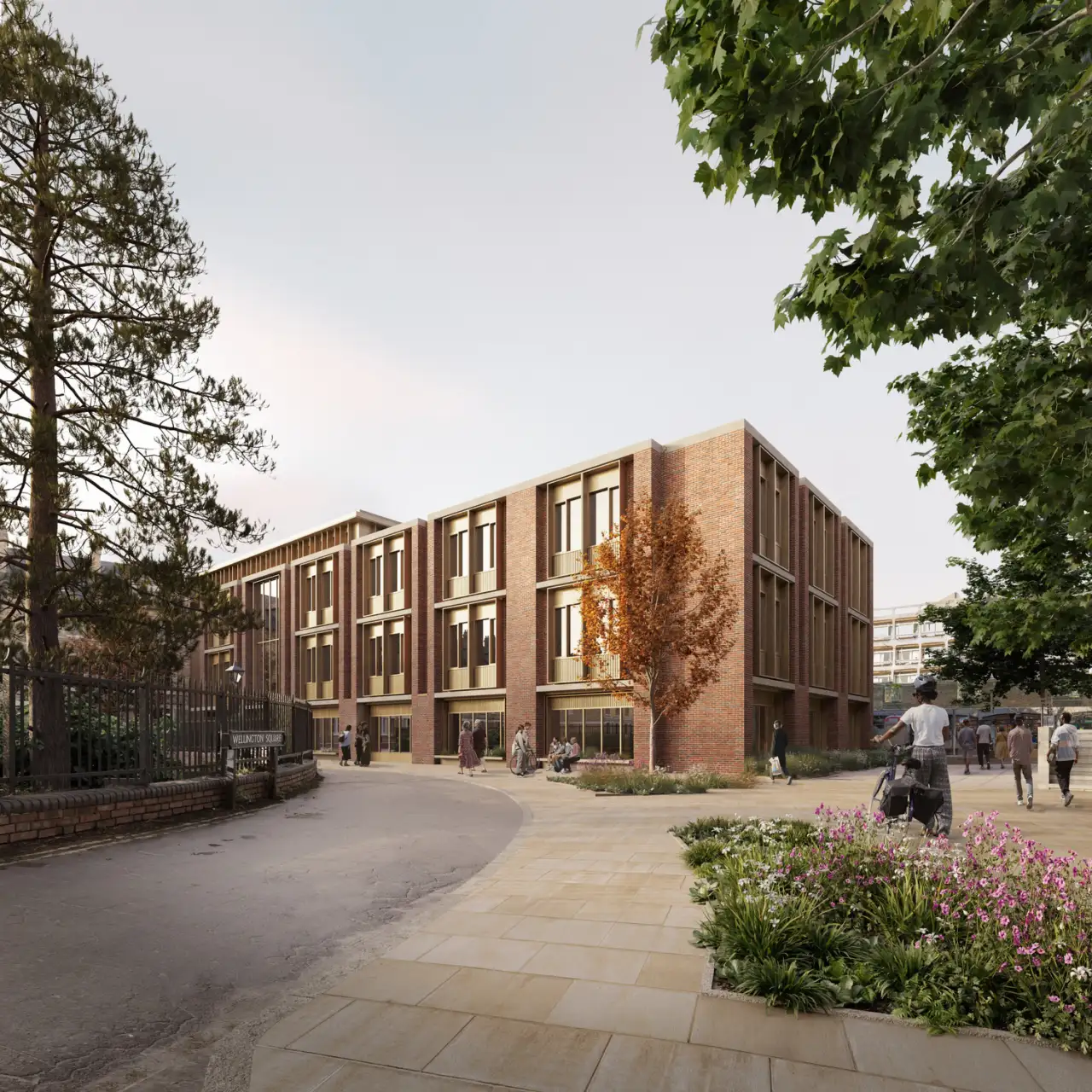 View of the public realm and four-storey new teaching facilities at Wellington Square