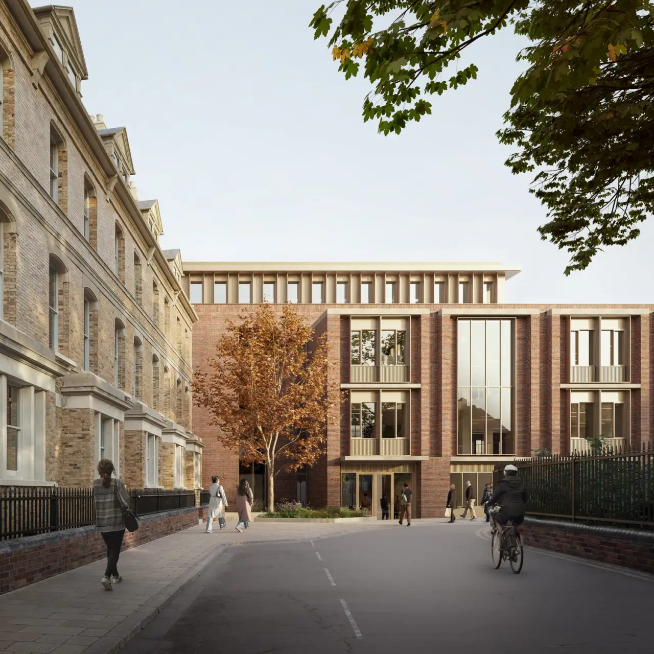 View of the public realm and four-storey new teaching facilities at Wellington Square