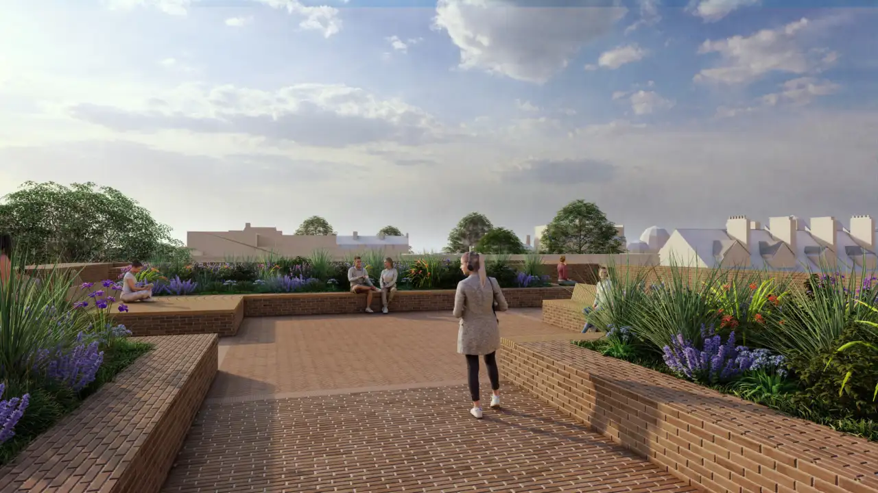 View of the roof garden terrace at Wellington Square in Oxford