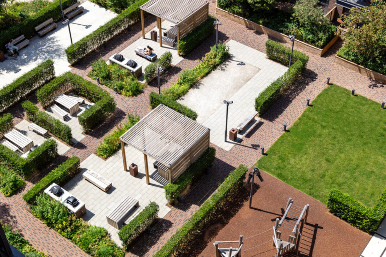 Overhead view of courtyard garden at Ferrum