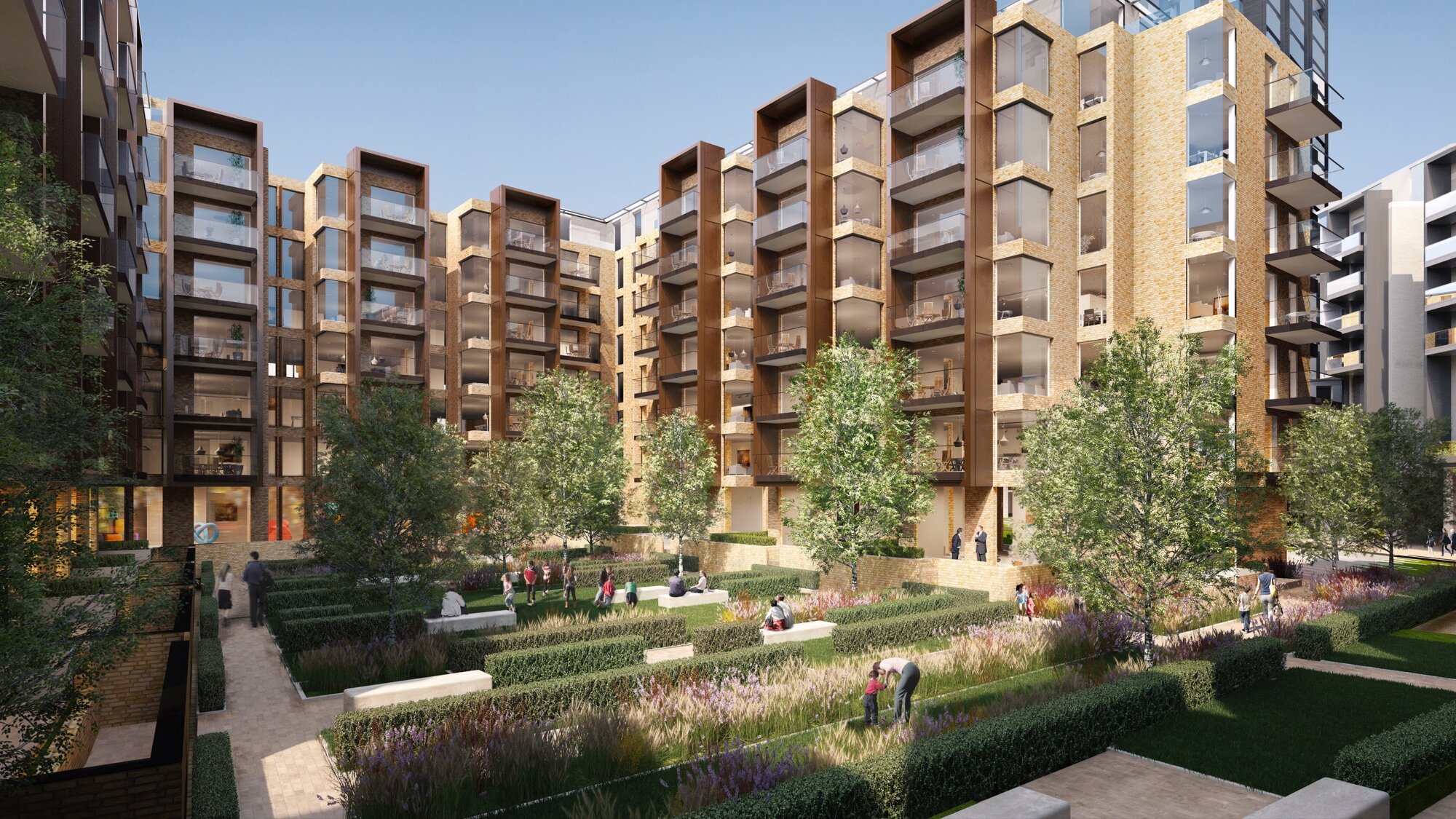 250 City Road landscape architecture with formal planting, raised beds, trees, and communal garden design in Islington.