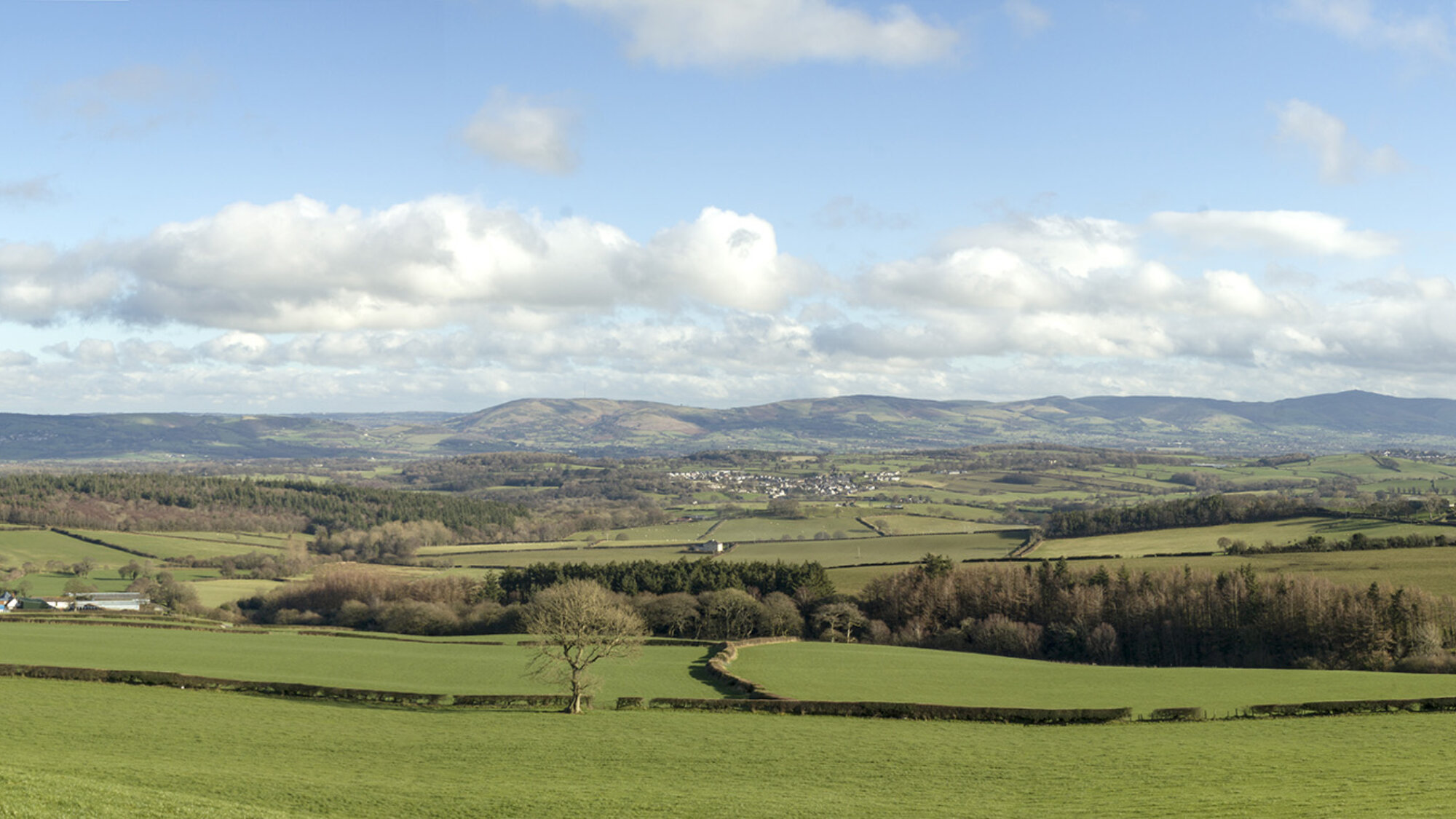 Expansive North Wales countryside landscape for wind farm visual impact assessment and renewable energy planning.