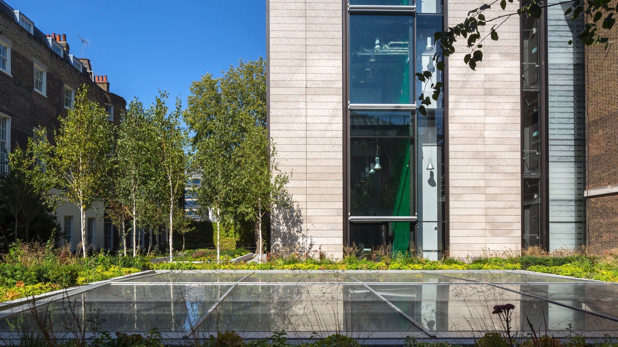 Landscape architecture at British Museum WCEC with urban courtyard planting, trees, and integrated skylight design.