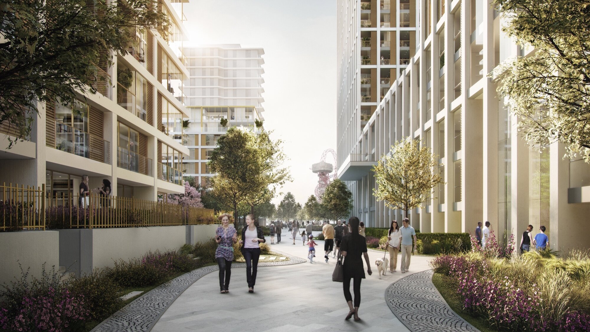 Pedestrian-friendly public realm with planting and residential landscape design at Cherry Park, Stratford, by Gillespies landscape architecture specialists.