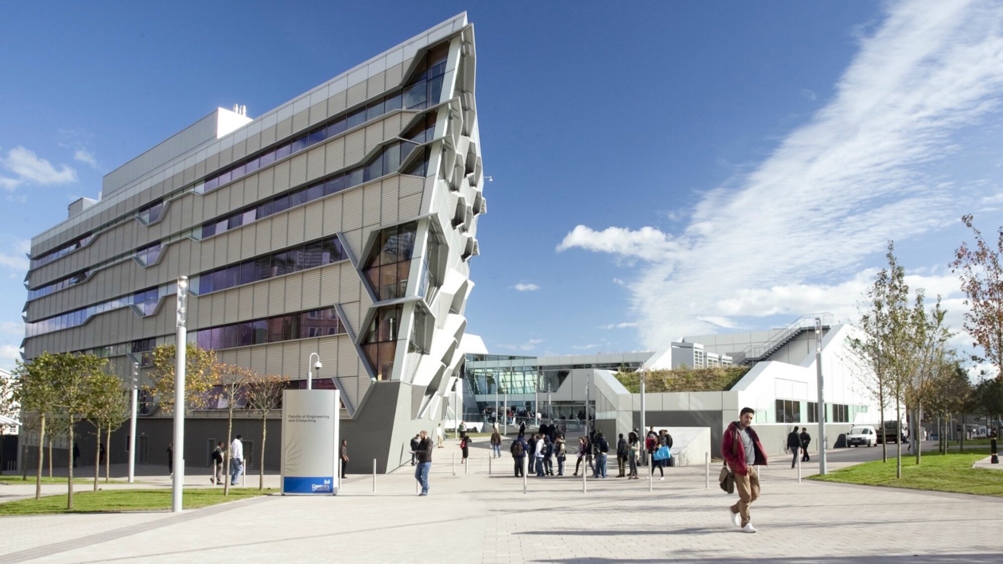 Coventry University campus landscape with modern architecture, tree planting, pedestrian pathways, and urban public realm design.