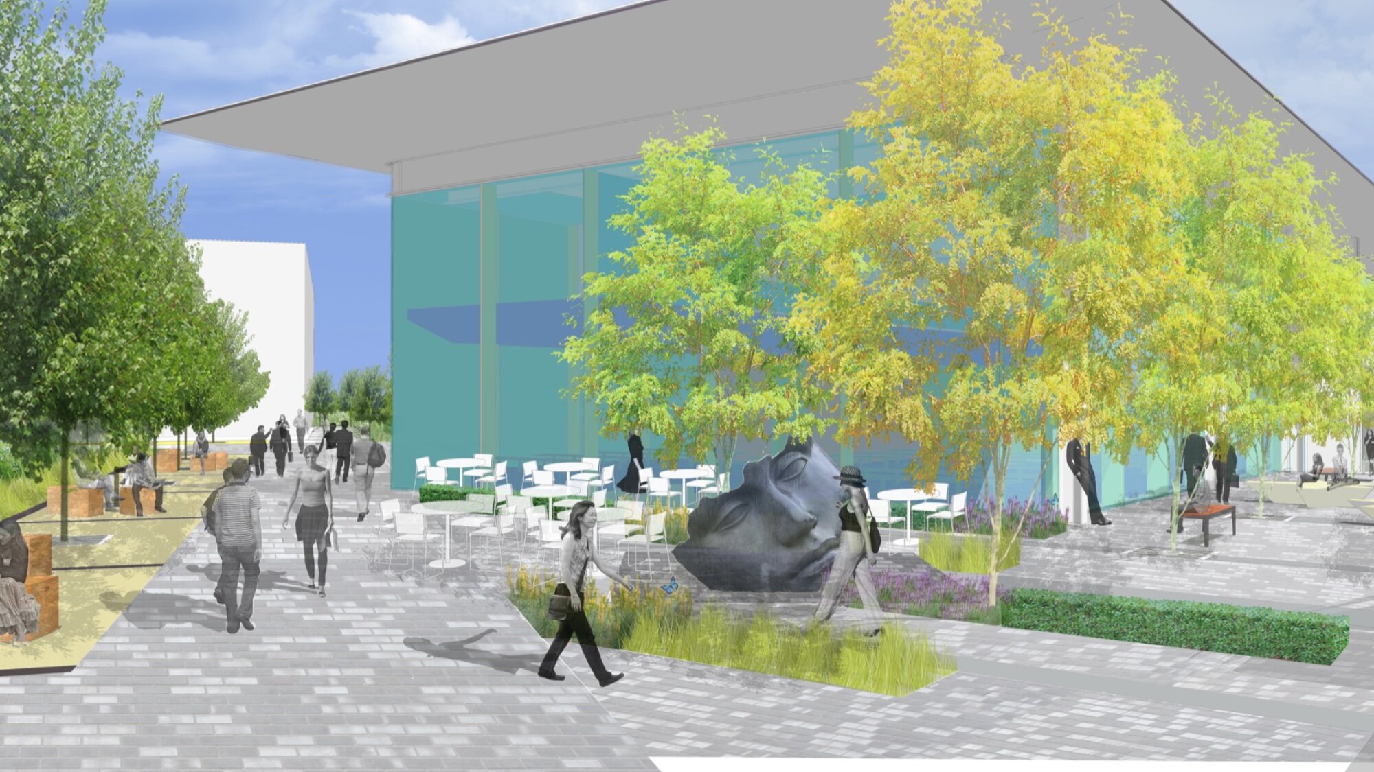 Dyson HQ landscape design with tree-lined seating, public art, and sustainable paving in a rural campus setting
