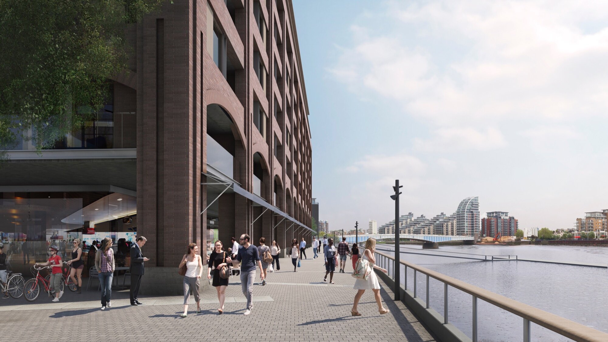 Fulham Riverside public realm with riverside promenade, pedestrian-friendly design, and mixed-use landscape architecture in London.