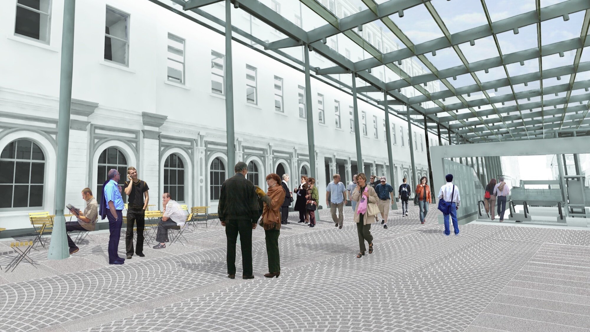 Paddington Crossrail public realm with glass canopy, paving design, and pedestrian-friendly landscape architecture.