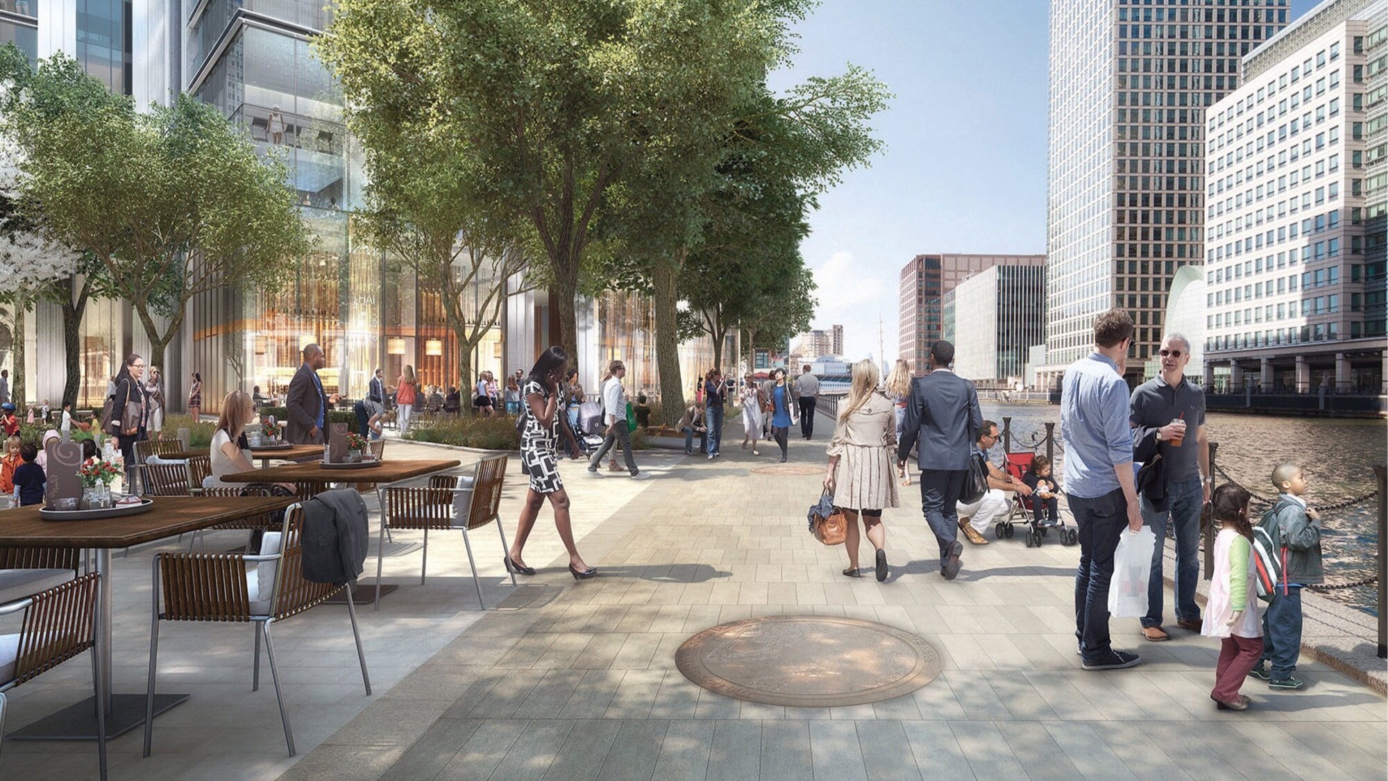 South Quay Plaza riverside public realm with outdoor seating, tree planting, and landscape architecture enhancing urban waterfront living.