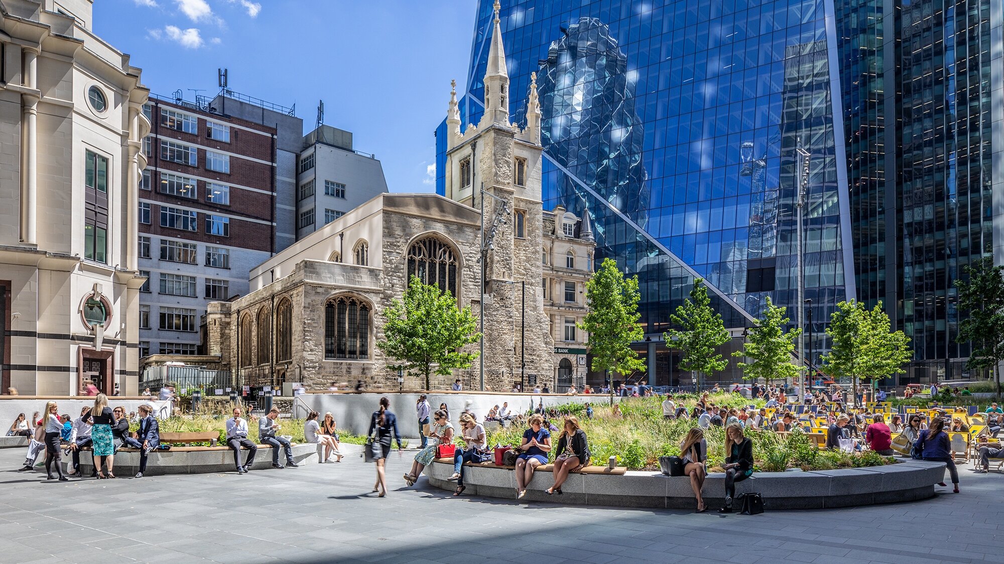 St Helen’s Square landscape architecture blends historic church, modern planting, and curved seating in vibrant public realm design.