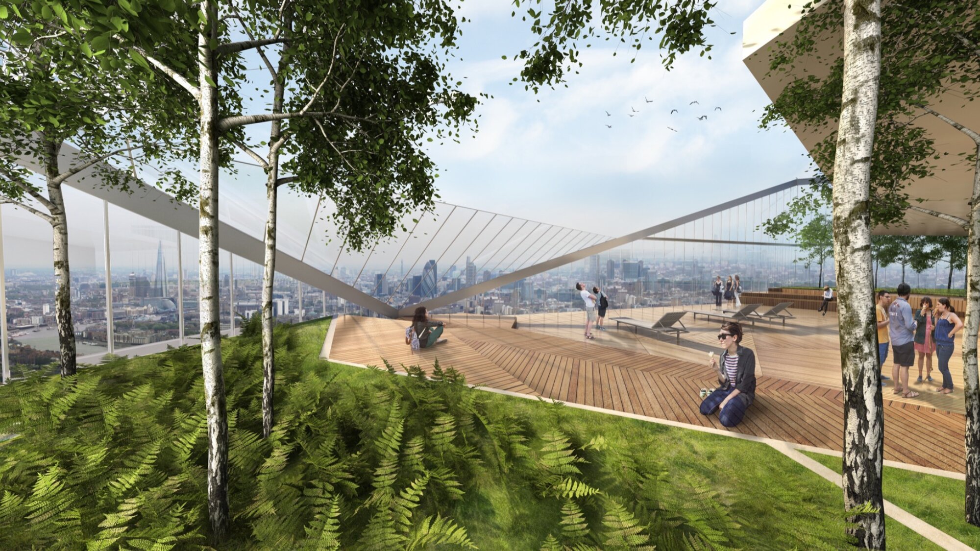 Rooftop garden at 30 Marsh Wall Canary Wharf with panoramic London views and sustainable landscape architecture design.