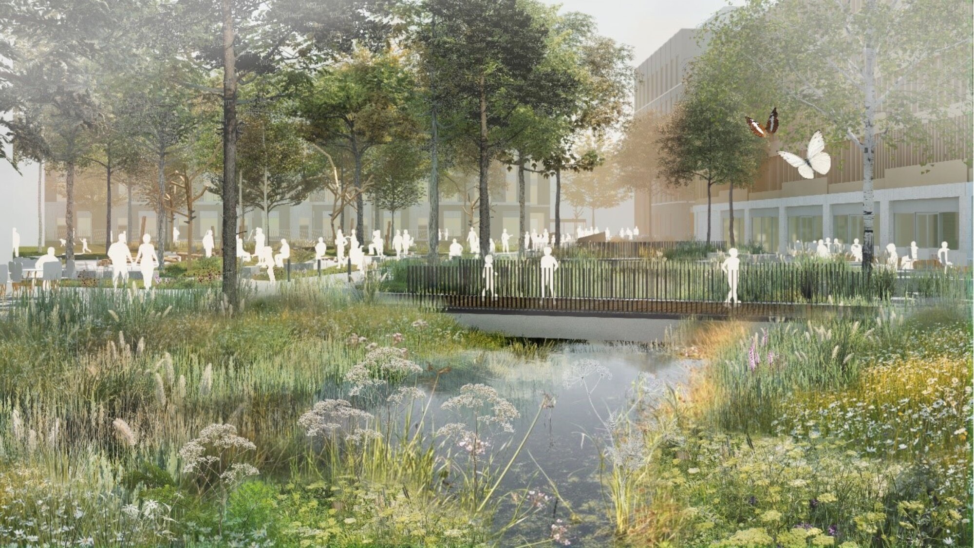 Concept visual of Albion Square, Hull, showing a nature led urban park with wetland planting, sinuous water features, a pedestrian bridge, and tree lined public spaces animated by people.