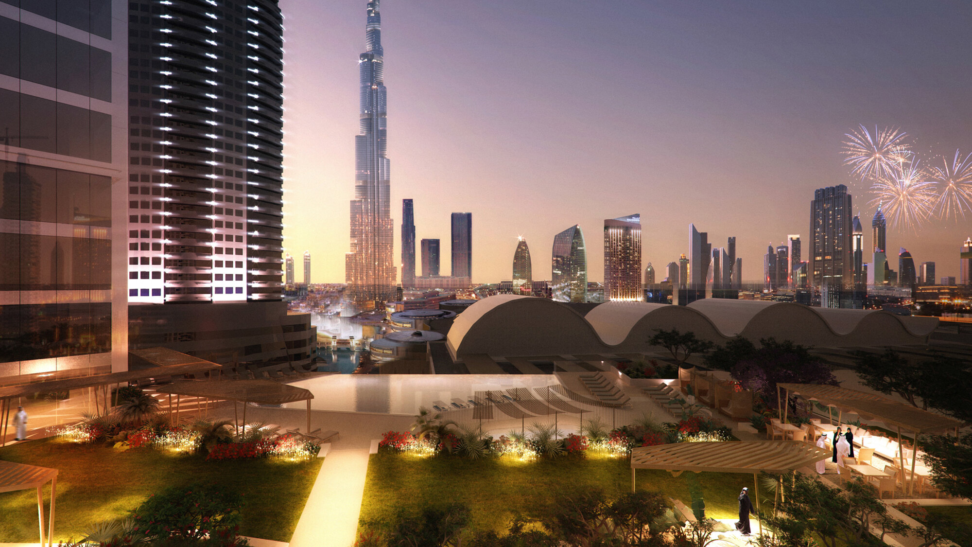 Visual of luxury gardens and a 63-storey tower providing luxury services residential apartments