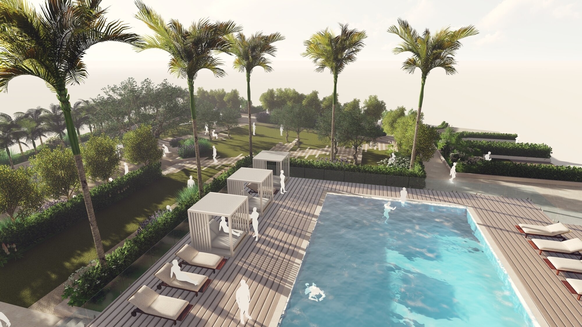 Illustrative view of the landscape featuring a pool, cabanas and decked area