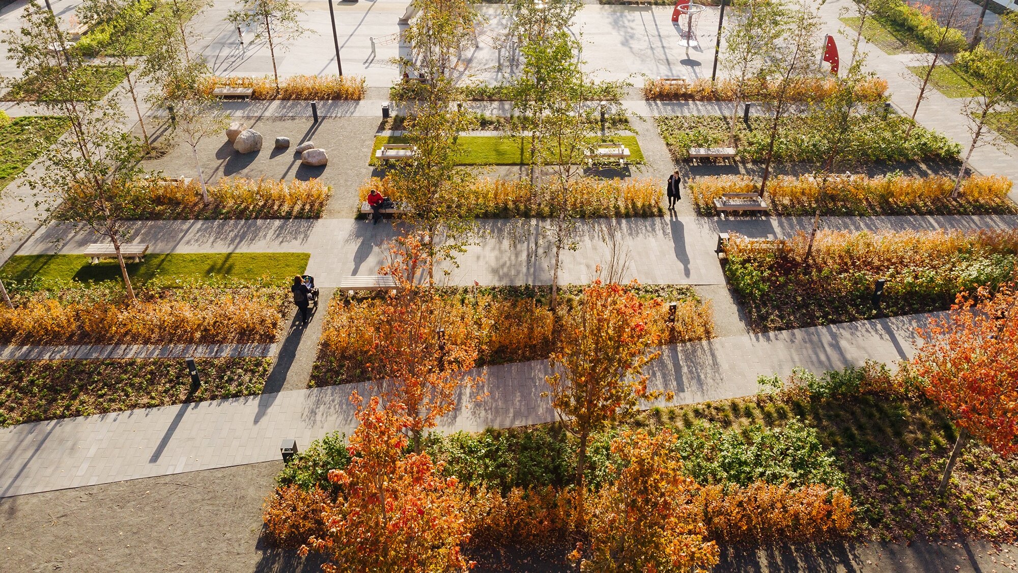 PIK Green Park Moscow landscape design with tree-lined pathways, autumn planting, and public seating in modern urban park.