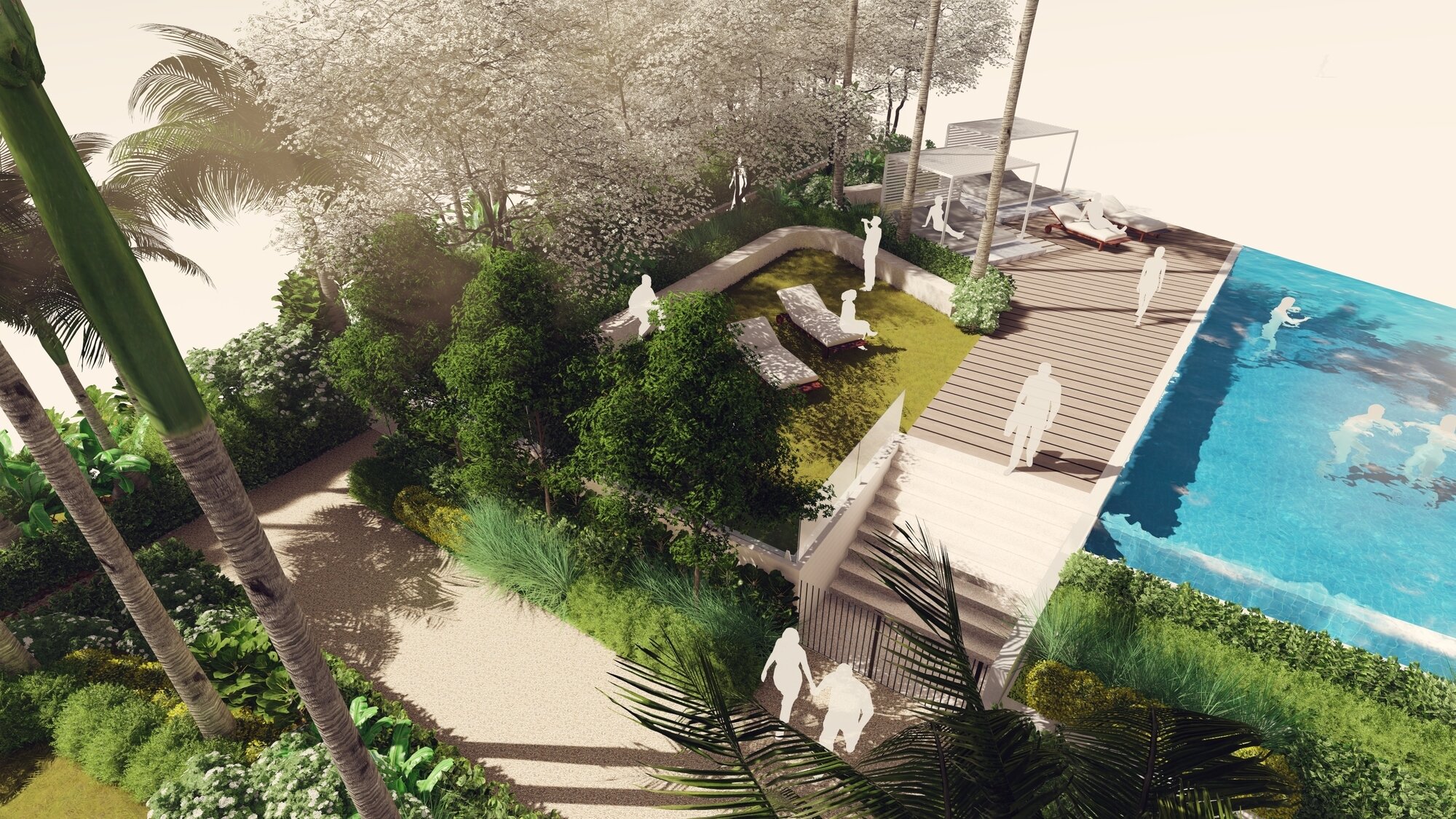 Private gardens with swimming pool and cabanas