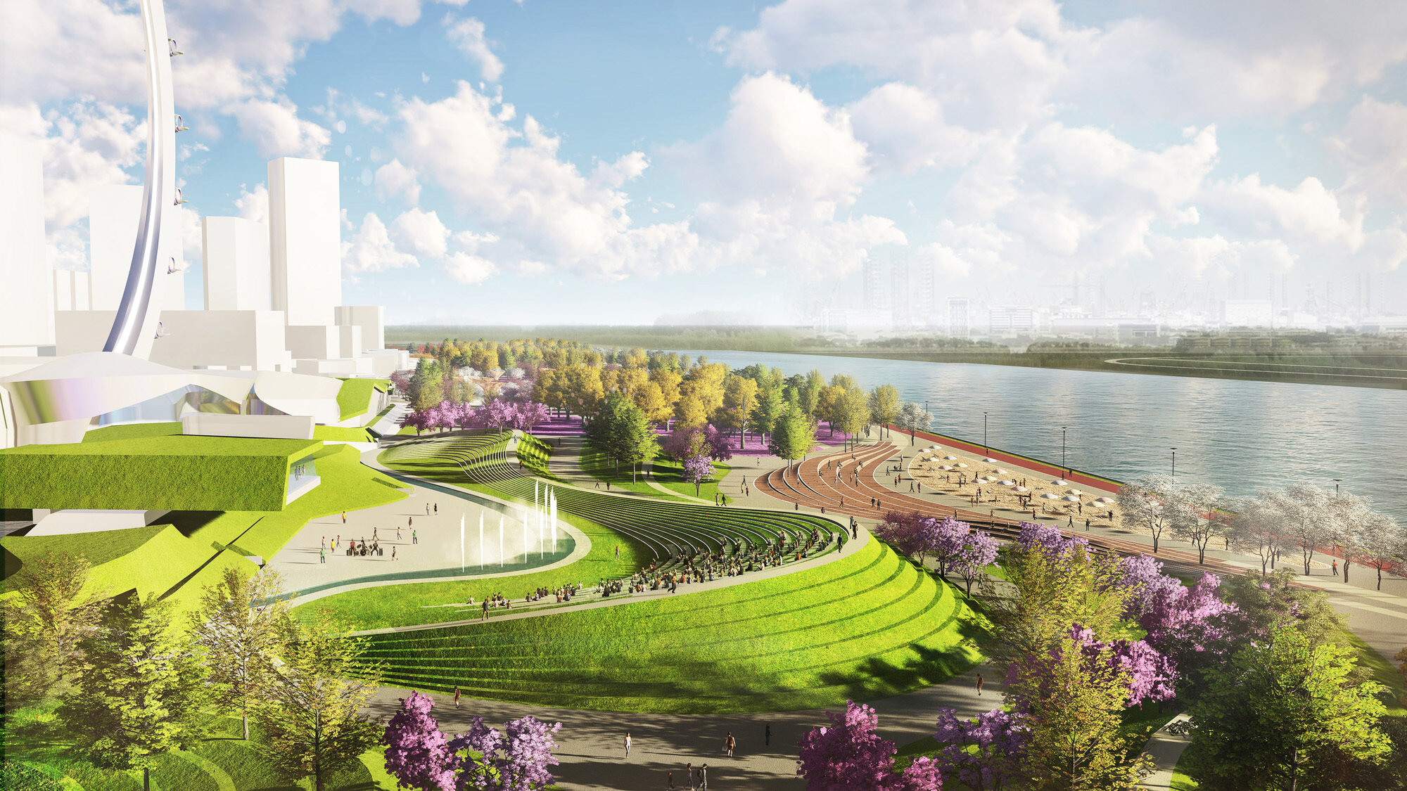 Visualisation of Nanjing Hexi Park showing sweeping terraced lawns, a riverside promenade, stepped amphitheatre seating and tree lined public spaces beside a landmark tower and the Yangtze River