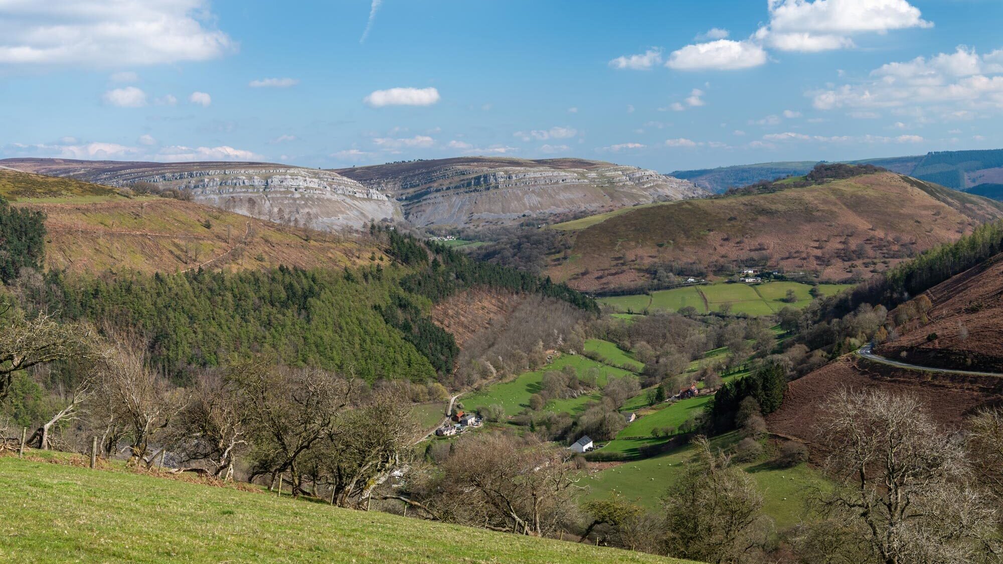 View of the Horseshoe Pass, a mountain pass in Denbighshire, north-east Wales