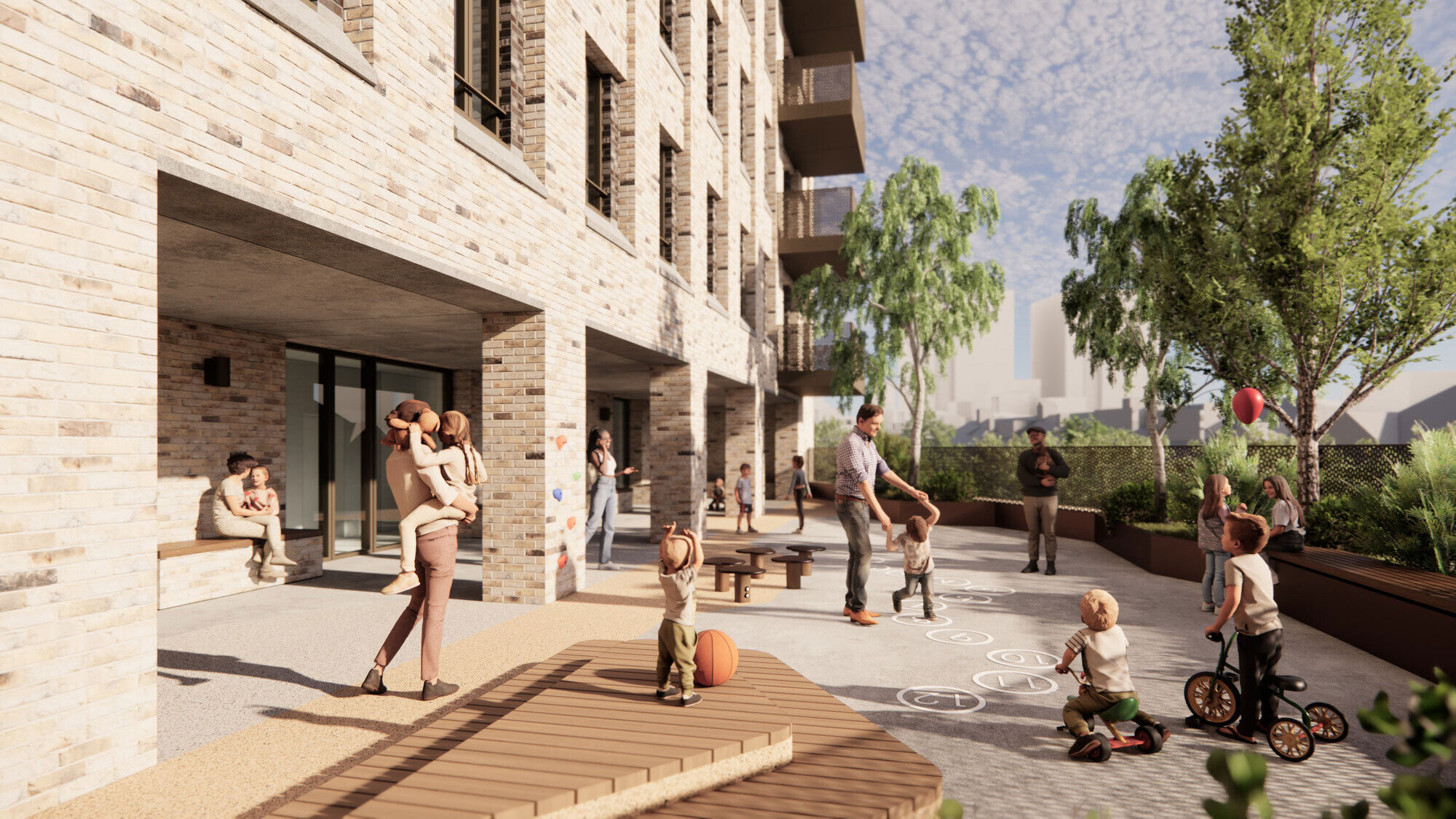 Visualisation of purpose-built student accommodation at Park Royal showing a landscaped courtyard with play areas, seating, trees, and shared outdoor spaces framed by residential buildings.