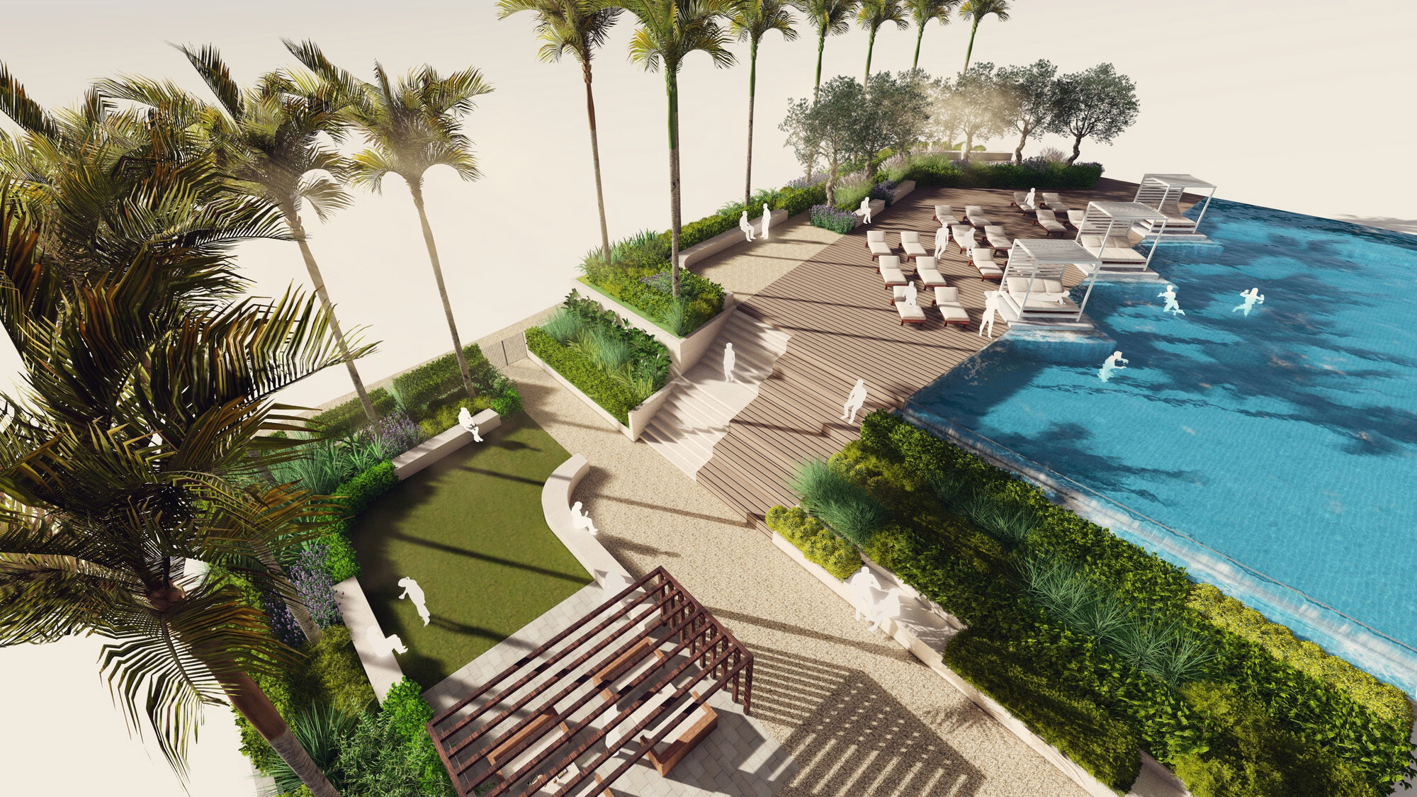 Aerial visualisation of a luxury hotel pool terrace featuring an infinity swimming pool, sun loungers, shaded cabanas, palm trees, and layered landscaped planting