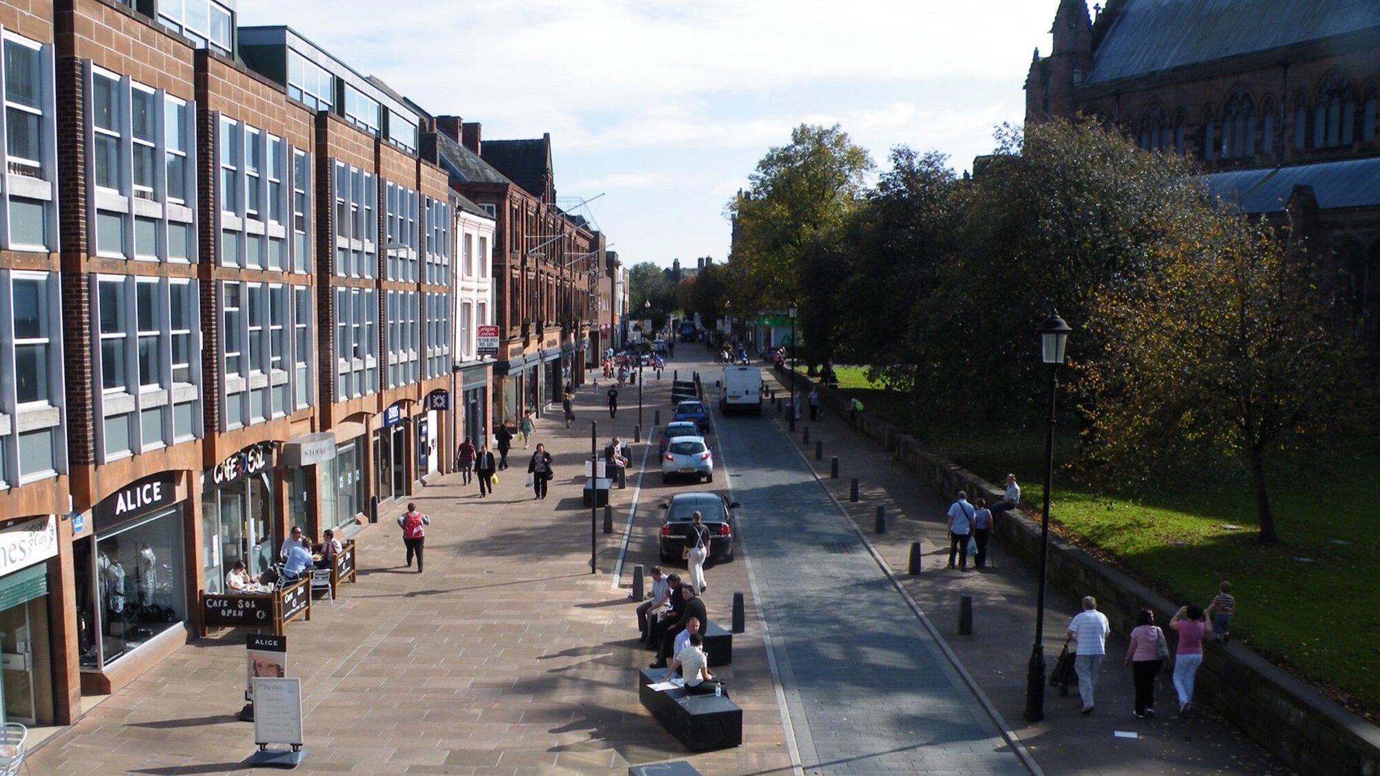 Carlisle Town Centre streetscape with pedestrian-friendly design, seating, paving, and landscape architecture enhancing urban public realm.