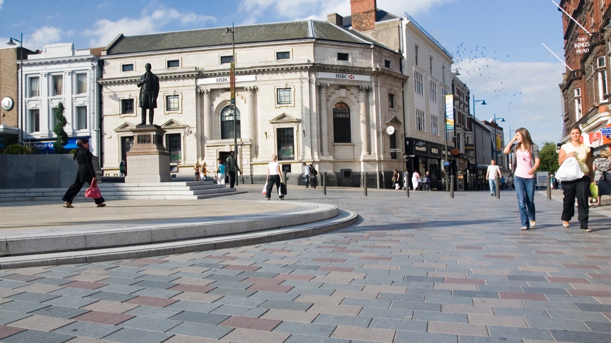 Darlington Pedestrian Heart with natural stone paving, public realm enhancements, and heritage-led landscape architecture design by Gillespies.
