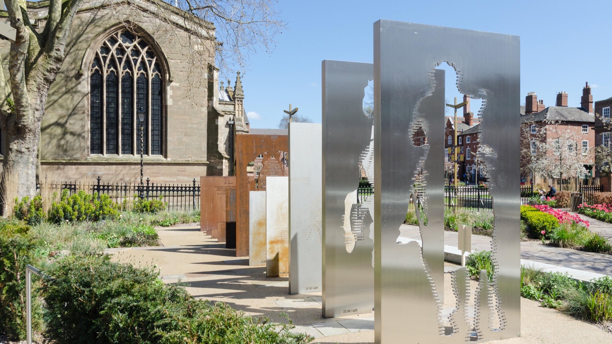 Leicester Cathedral Gardens sculpture walk with historic interpretation and contemporary landscape architecture in a heritage public space.