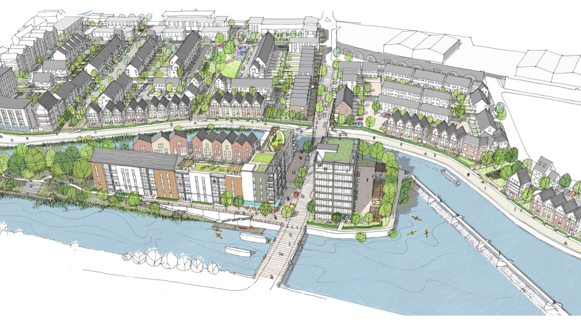 Leicester Waterside masterplan with riverside housing, green spaces, pedestrian bridges, and sustainable urban landscape design.