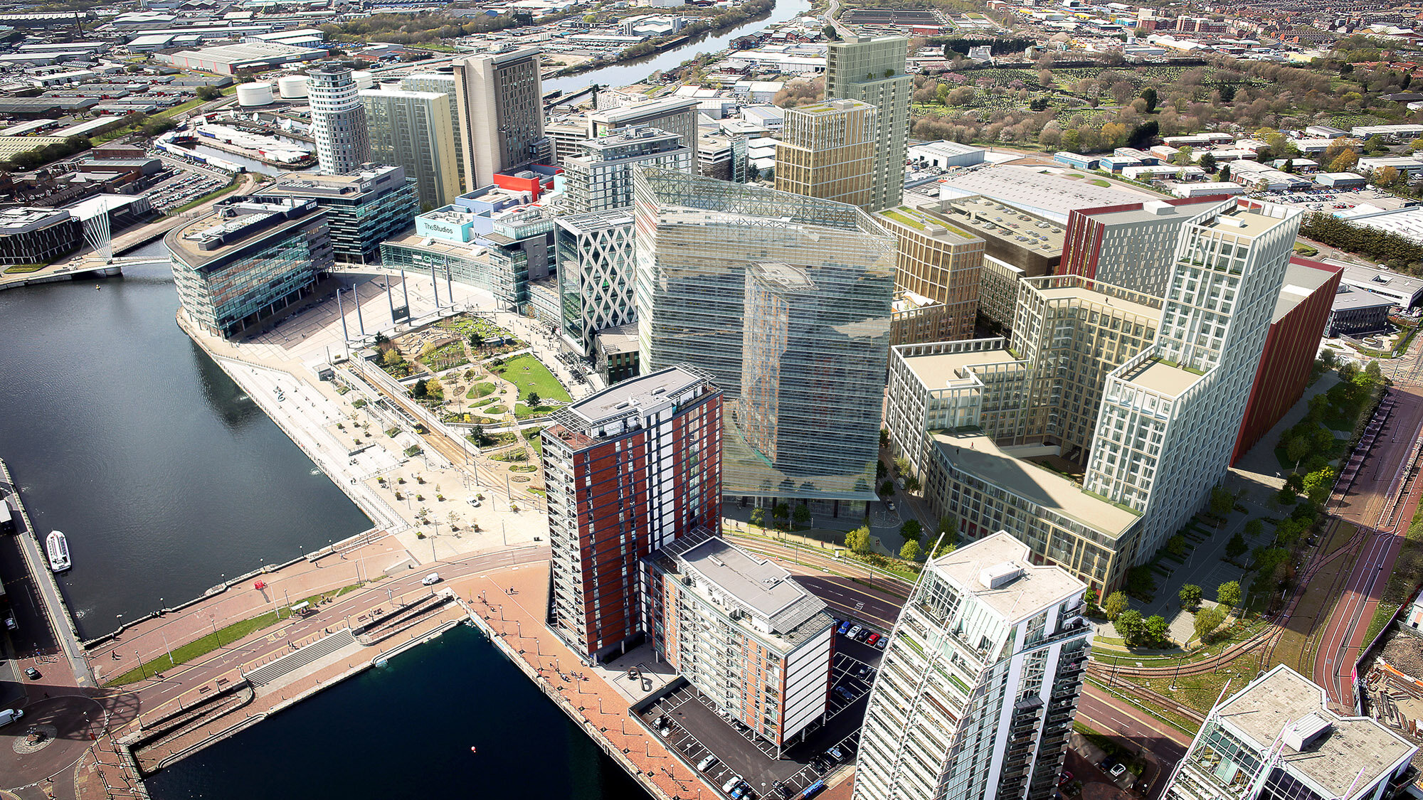 Aerial view of Media City Phase 2 landscape design with waterfront public spaces, green infrastructure, and urban regeneration.